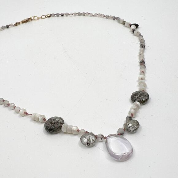 Vintage Black Rutilated Quartz & Rose Quartz Beaded Necklace 14/20 GF Clasp - Picture 2 of 7